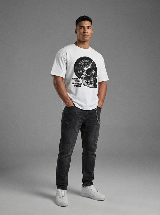 TRICOU OVERSIZED "HYBRID SKULL" ALB