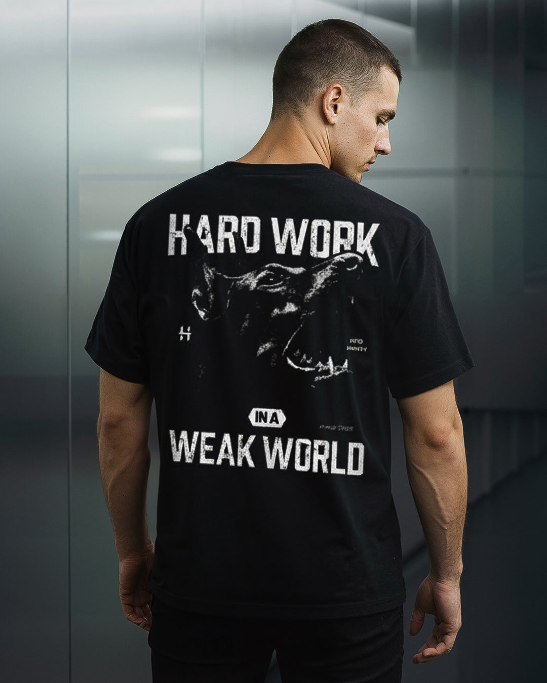 TRICOU OVERSIZED "HARD WORK IN A WEAK WORLD" NEGRU