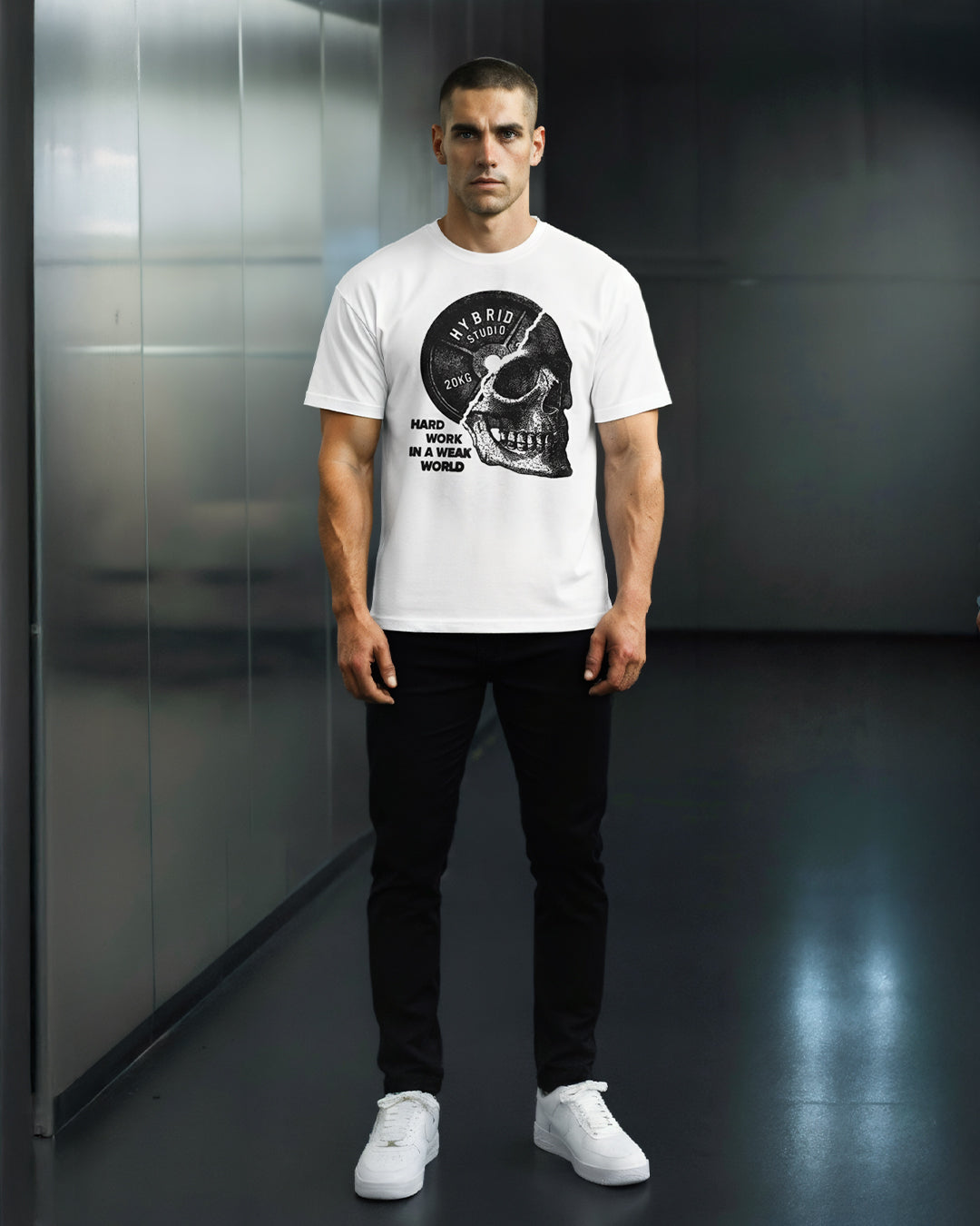 TRICOU OVERSIZED "HYBRID SKULL" ALB