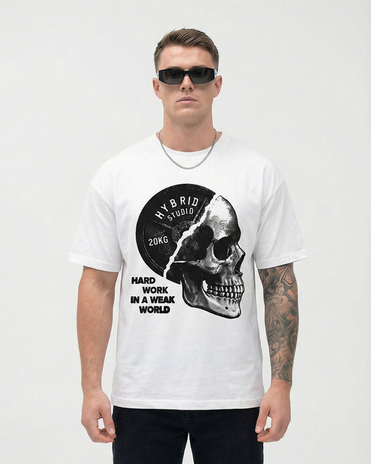 "HYBRID SKULL" WHITE OVERSIZED T-SHIRT