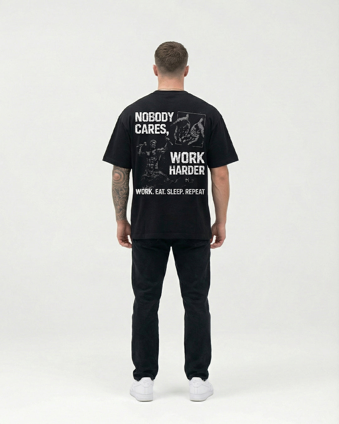 "NOBODY CARES WORK HARDER" BLACK OVERSIZED T-SHIRT